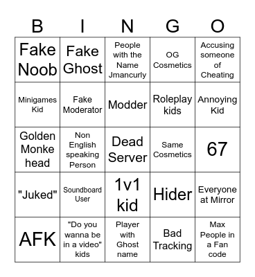 Gorilla tag BINGO Card