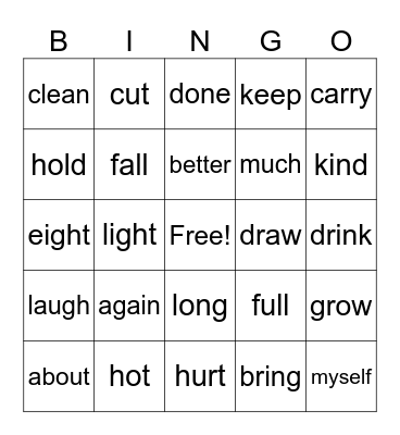 High-Frequency Words Bingo Card