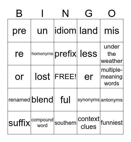 English Language Arts Bingo Card