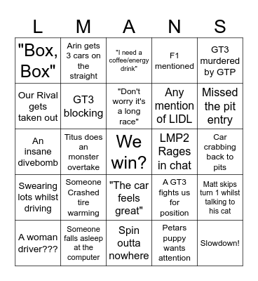Le Mans Bingo Card