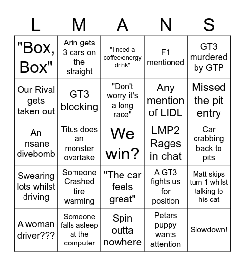 Le Mans Bingo Card