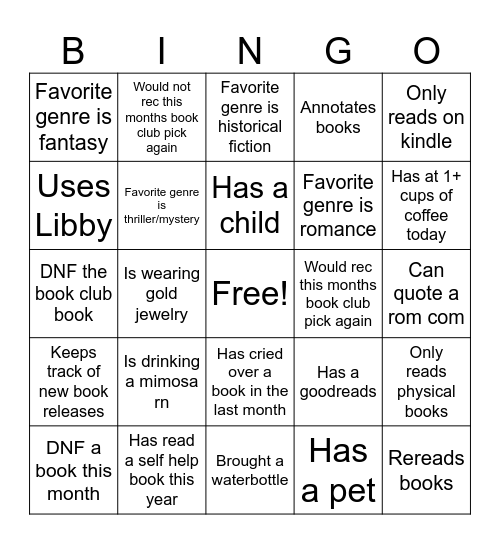 Book club 10.25 Bingo Card