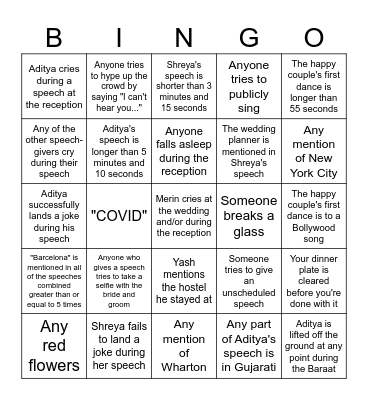 Shreya + Aditya Wedding Bingo Card