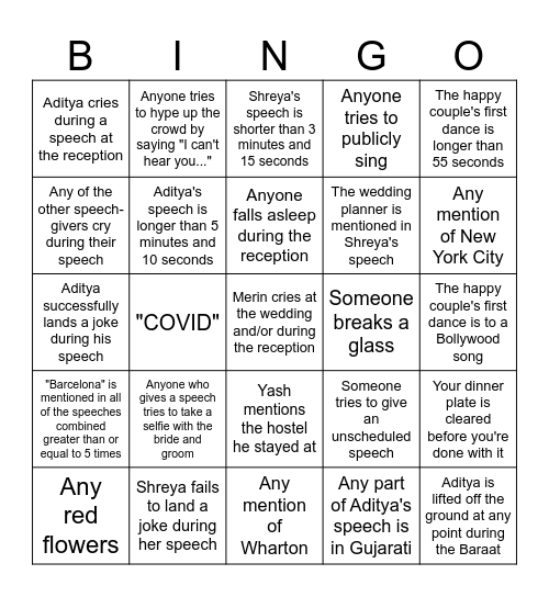 Shreya + Aditya Wedding Bingo Card