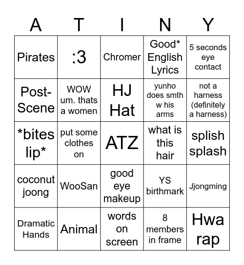 1024 ATEEZ MV Bingo Card