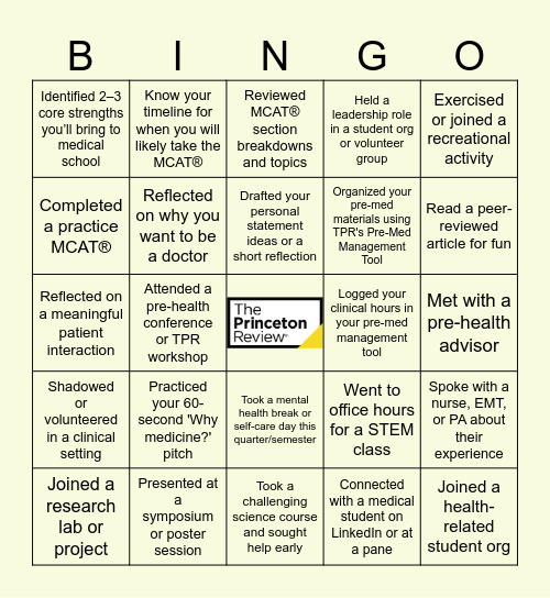 The Princeton Review Pre-Med BINGO Card