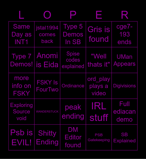 Interloper Bingo Card