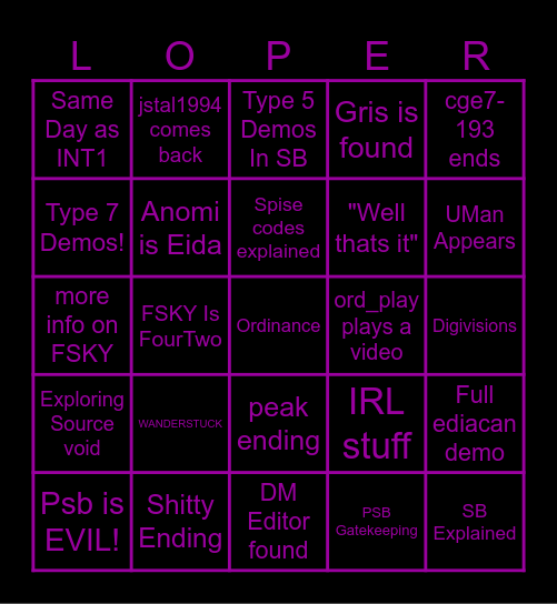 Interloper Bingo Card