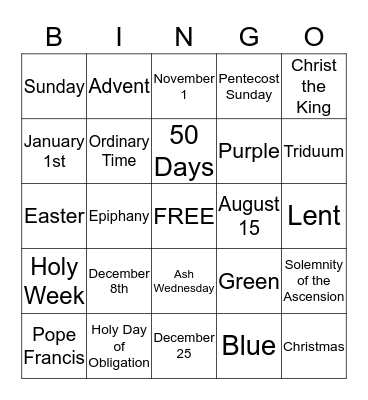Liturgical Calendar Bingo Card