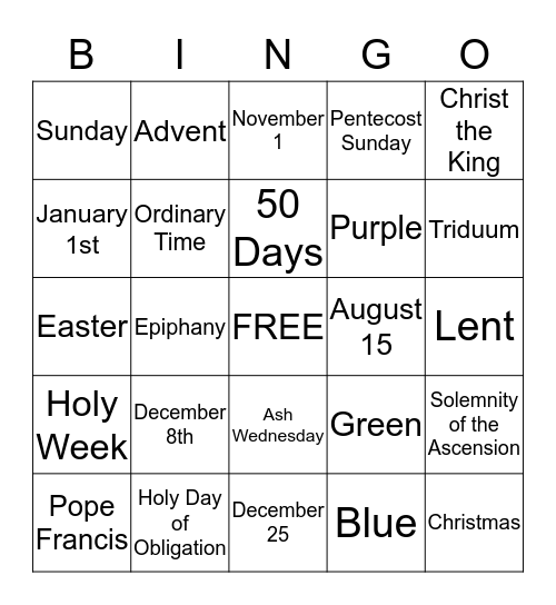 Liturgical Calendar Bingo Card