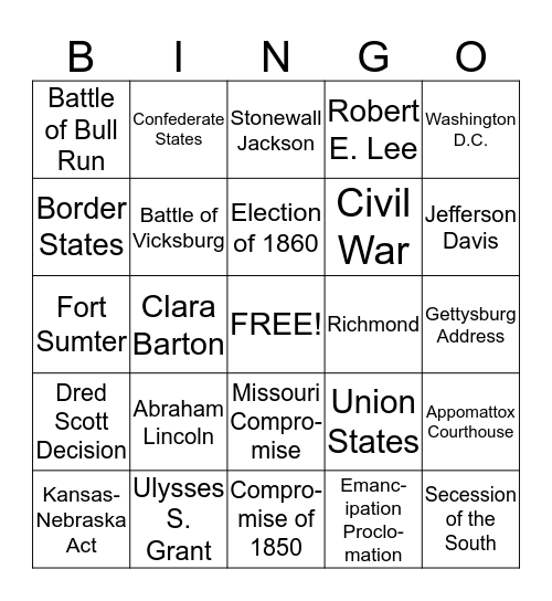 Civil War Bingo Card