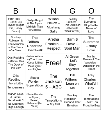 Classic Soul & Motown Hits Bingo Card