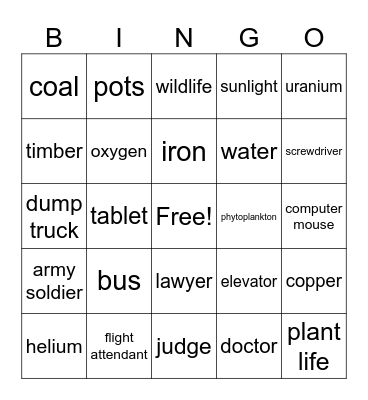 Types of Resourcees Bingo Card