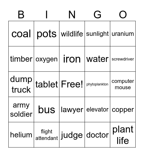 Types of Resourcees Bingo Card