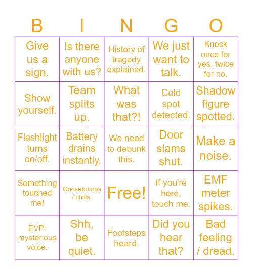 Ghost Show Bingo Card