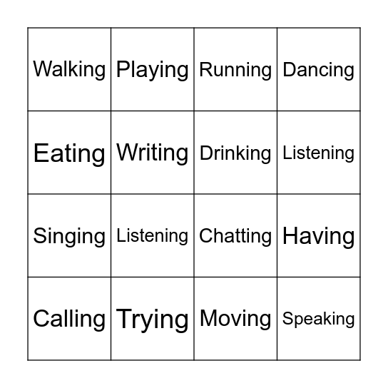 Present Continuous Bingo Card