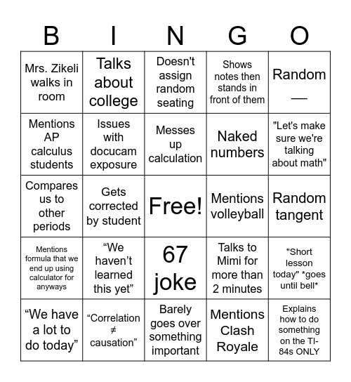 Mr. Jackson Bingo Card