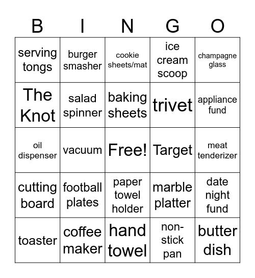 Meg's Bridal Registry Bingo Card