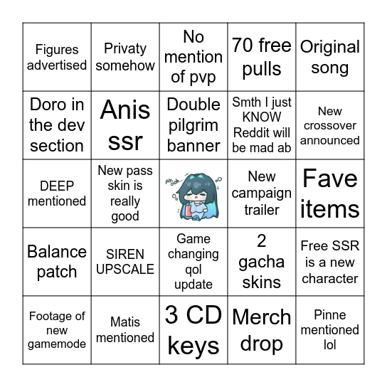 Nikke 3.0 Stream Bingo Card