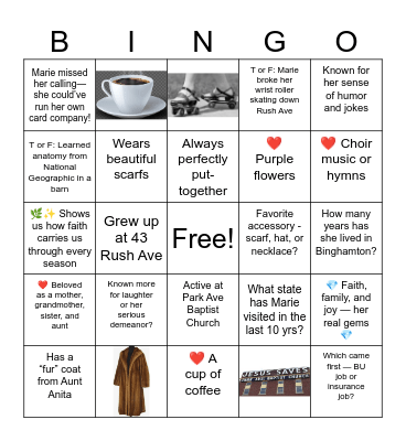 Marie’s 90th Birthday Bingo Card