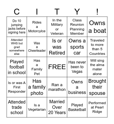 City College 30th Class Reunion Bingo Card