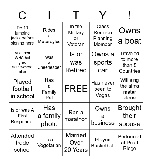 City College 30th Class Reunion Bingo Card