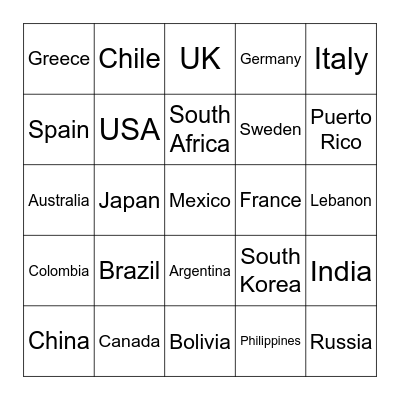 Around the world Bingo Card