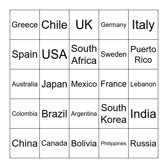 Around the world Bingo Card