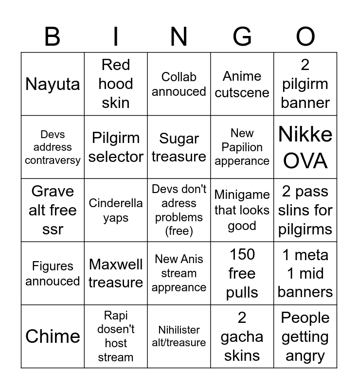3rd anni nikke Bingo Card