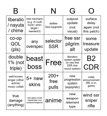Nikke 3.0 anniversary stream Bingo Card
