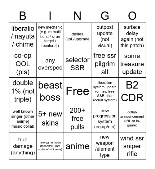 Nikke 3.0 anniversary stream Bingo Card