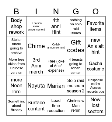 Nikke 3rd Anni Bingo Card