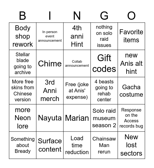 Nikke 3rd Anni Bingo Card