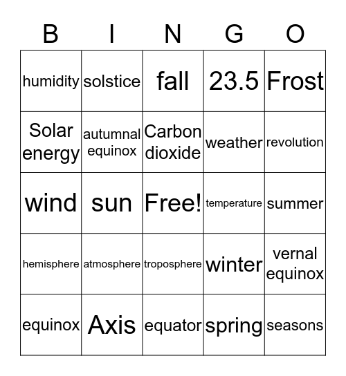 Seasons and Sun Bingo Card