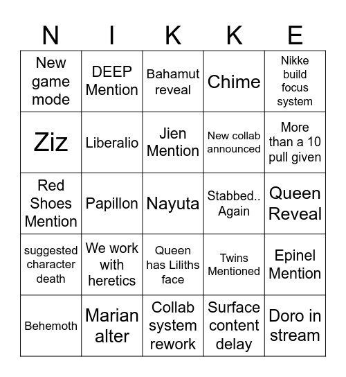 Nikke 3rd Anni Stream Bingo Card