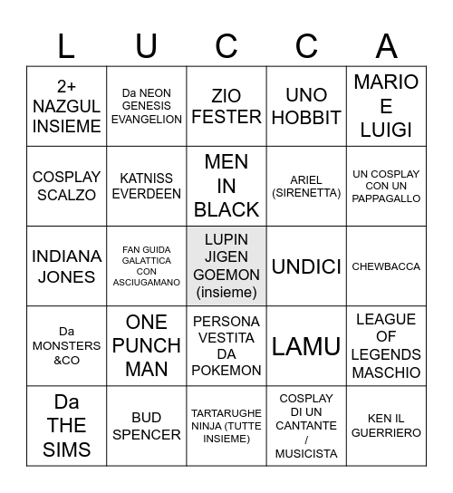 Cosplay hunt Bingo Card