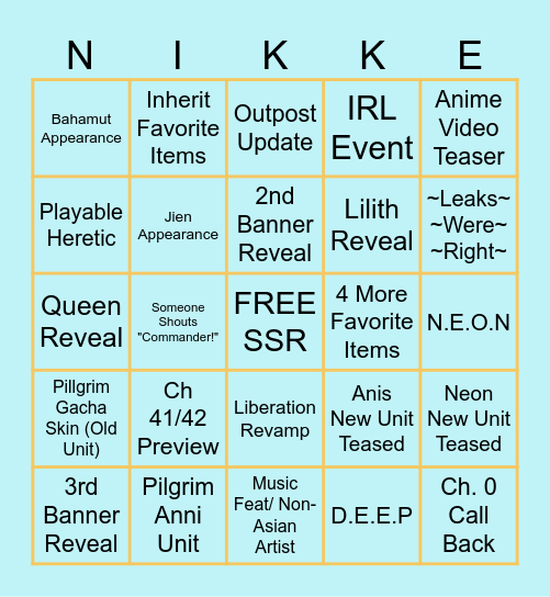 N I K K E Bingo Card