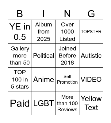 RYM BINGO Card
