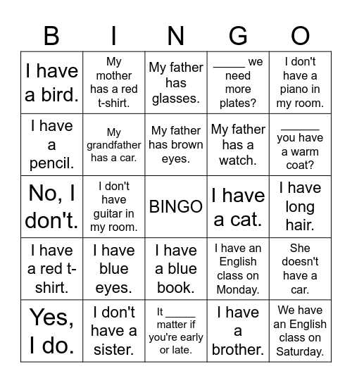 Do Does Don't Doesn't Bingo Card