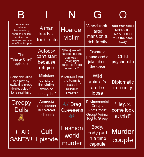 Crime Show Bingo Card