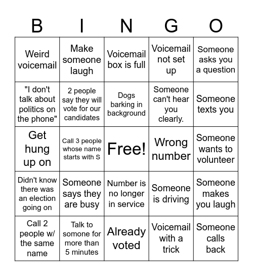 Phone Banking Bingo Card