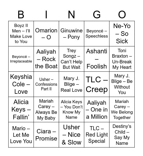 90'S RNBS Bingo Card