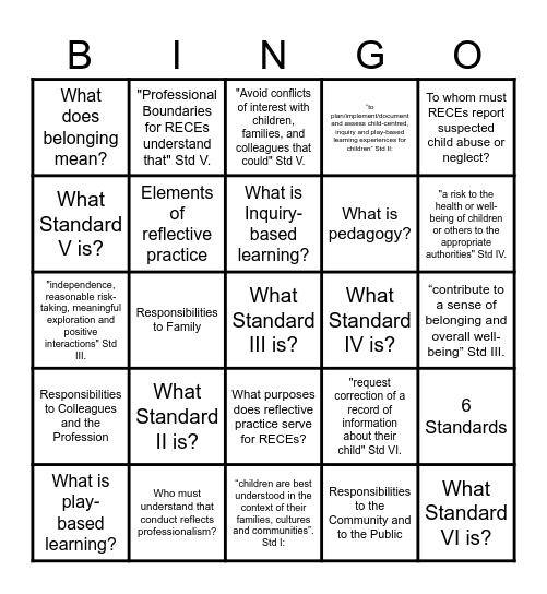 CECE Code of Ethic Bingo Card