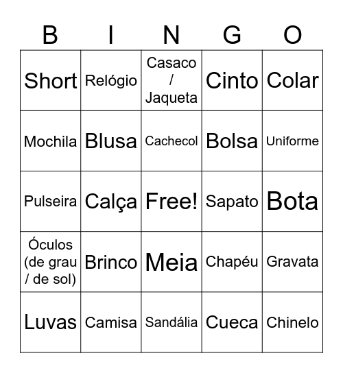 Vestuários e acessórios Bingo Card