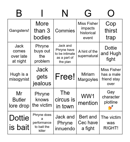 Miss Fisher Bingo Card Bingo Card