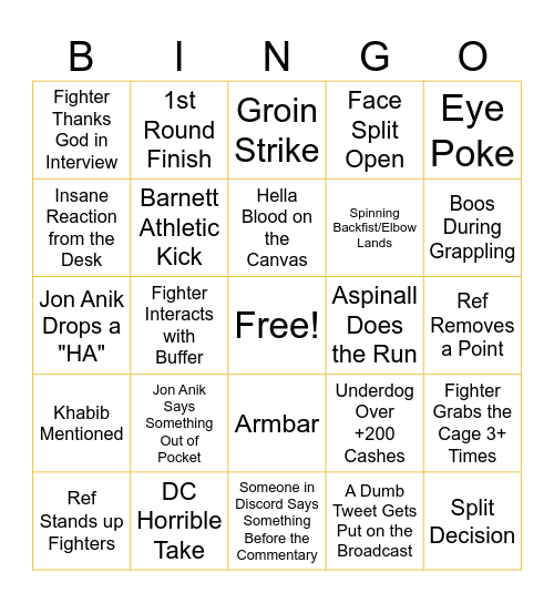 UFC 321 Bingo Card