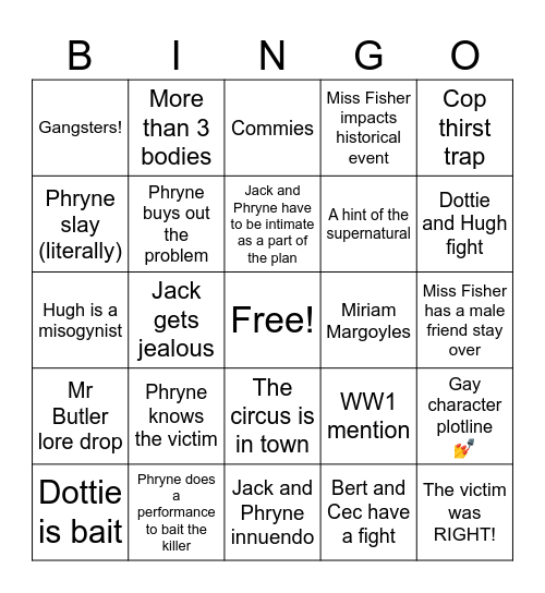 Miss Fisher Bingo Card Bingo Card