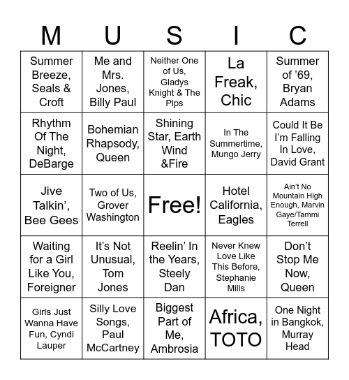 60s, 70s & 80s Bingo Card