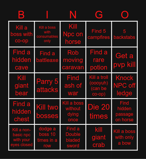 Elden Ring Bingo Card