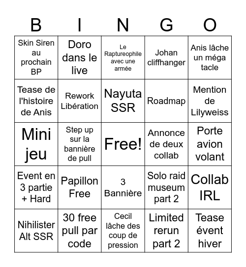 Nikke 3eme aniv Bingo Card